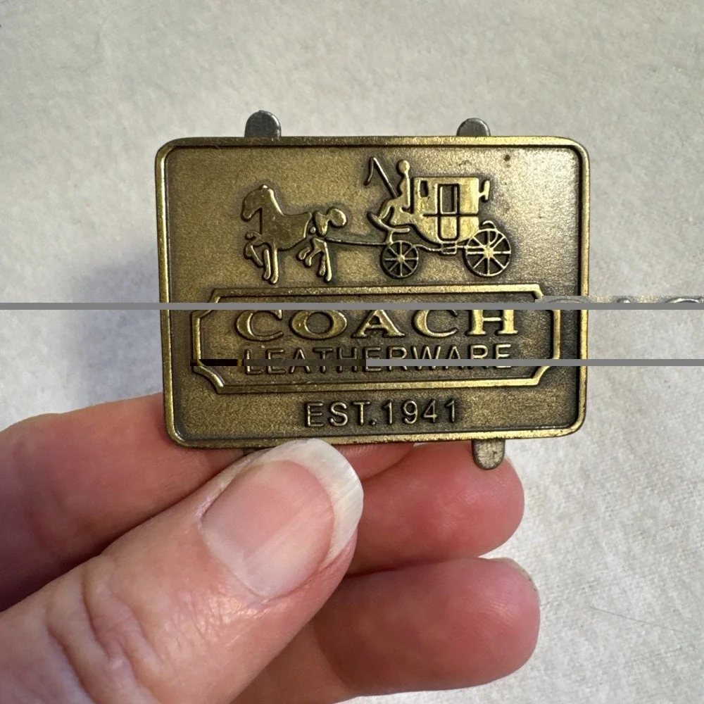 Engraved COACH LEATHERWARE Raised Horses Carriage Brass Charm Tag Belt Logo